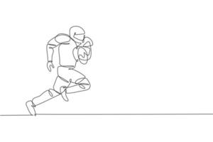 un disegno a linea singola di un energico giocatore di football americano corre veloce per segnare un gol per la promozione della lega nazionale. concetto di competizione sportiva. illustrazione vettoriale moderna di disegno a linea continua