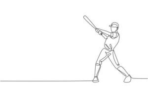 un disegno a linea singola della pratica del giovane giocatore di baseball energico per colpire l'illustrazione vettoriale della palla. concetto di allenamento sportivo. design moderno a linea continua per banner torneo di baseball