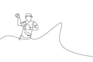 un disegno a linea singola del treno lanciatore di baseball del giovane uomo energico per lanciare l'illustrazione vettoriale della palla. concetto di allenamento sportivo. design moderno a linea continua per banner torneo di baseball