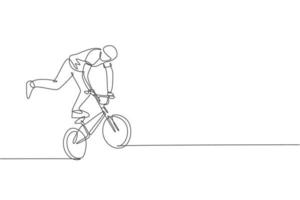 un disegno a linea singola di un giovane ciclista bmx che esegue il trucco freestyle sull'illustrazione vettoriale di strada. concetto di sport estremo. design moderno a linea continua per banner da competizione freestyle