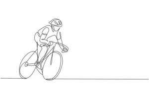 disegno a linea continua singola di un giovane ciclista agile in treno per pedalare velocemente in bicicletta. concetto di stile di vita sportivo. grafica alla moda di una linea di disegno vettoriale per i media di promozione delle gare ciclistiche