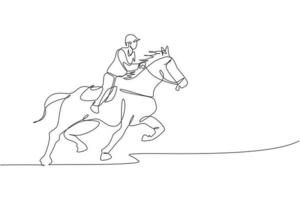 disegno a linea continua singola di un giovane cavaliere professionista che corre con un cavallo intorno alle scuderie. concetto di processo di allenamento per sport equestri. illustrazione vettoriale di disegno di una linea alla moda
