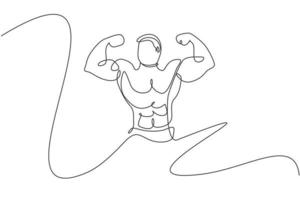 un disegno a linea singola di giovane modello energetico bodybuilder uomo posa affascinante illustrazione vettoriale. concetto di allenamento sano. moderno disegno a linea continua per il logo e l'icona del club di bodybuilding vettore