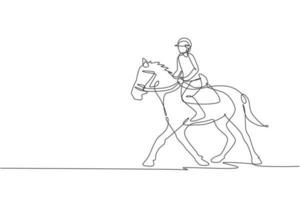 un disegno a linea continua di un giovane cavaliere in azione. addestramento equino in pista. concetto di competizione sportiva equestre. grafico dinamico dell'illustrazione di vettore del disegno di linea singola