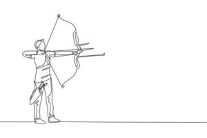 un disegno a linea continua di un giovane arciere che tira l'arco per sparare a un bersaglio di tiro con l'arco. concetto di allenamento e esercizio di tiro con l'arco. illustrazione grafica vettoriale dinamica con disegno a linea singola