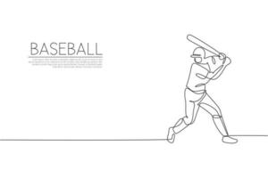 un disegno a linea singola dell'esercizio del giovane giocatore di baseball energico per colpire l'illustrazione vettoriale della palla. concetto di allenamento sportivo. moderno disegno a linea continua per banner torneo di baseball