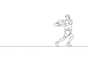 un disegno a linea continua di un giovane giocatore di rugby maschio che prende la palla. concetto di sport aggressivo competitivo. illustrazione vettoriale dinamica del disegno a linea singola per i media di promozione dei tornei di rugby