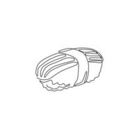un disegno a linea continua fresco delizioso giapponese nigiri sushi bar ristorante logo emblema. concetto del modello del logotipo del negozio di frutti di mare del Giappone. illustrazione grafica vettoriale moderna con disegno a linea singola