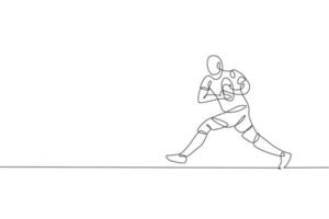 un disegno a linea singola di un giovane energico giocatore di rugby che corre e tiene l'illustrazione vettoriale della palla. concetto di sport di lavoro di squadra sano. design moderno a linea continua per poster di tornei di rugby