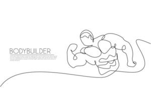 un disegno a linea singola di un giovane bodybuilder energico modello uomo poste illustrazione vettoriale. concetto di allenamento sano. moderno disegno a linea continua per il logo e l'icona del centro fitness bodybuilding vettore