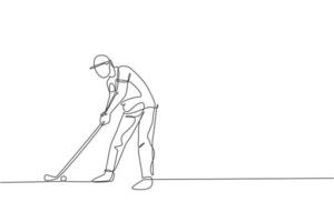 un disegno a linea singola di un giovane giocatore di golf sportivo ha colpito la palla utilizzando la grafica di illustrazione vettoriale di mazza da golf. concetto di sport sano. moderno disegno a linea continua per poster di tornei di golf