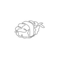 un disegno a linea singola dell'illustrazione vettoriale del logo del sushi bar nigiri giapponese fresco. menu fresco del caffè del cibo del Giappone e concetto del distintivo del ristorante. logotipo di cibo di strada di design moderno a linea continua