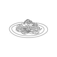 disegno a linea continua singola dell'etichetta stilizzata del logo degli spaghetti italiani. concetto di ristorante di pasta all'italiana. illustrazione vettoriale moderna con disegno a una linea per servizio di consegna di bar, negozi o cibo