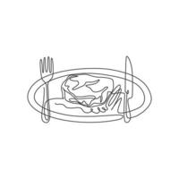 unico disegno a linea continua stilizzata di bistecca al rosmarino sulla piastra con coltello e forchetta. concetto di logo del ristorante di bistecca. illustrazione grafica vettoriale moderna di disegno di una linea