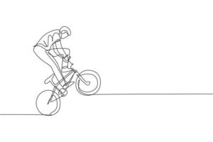 un disegno a linea singola di un giovane ciclista bmx che esegue il trucco freestyle sull'illustrazione vettoriale di strada. concetto di sport estremo. design moderno a linea continua per banner da competizione freestyle