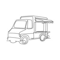 un camion di cibo allegro di disegno a linea continua per l'emblema del logo del festival. concetto di modello di logotipo di negozio di caffè mobile fast food vintage furgone. illustrazione vettoriale grafica moderna con disegno a linea singola