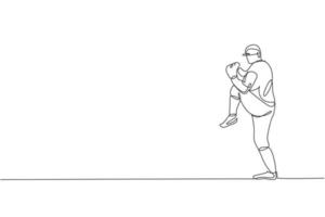 un disegno a linea continua della pratica del lanciatore di baseball del giovane sportivo per colpire la palla. concetto di sport competitivo. grafico dinamico dell'illustrazione di vettore del disegno di linea singola per il manifesto di promozione