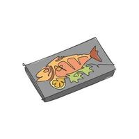 un disegno a linea singola di fresco gustoso salmone al forno delizioso pesce su piastra calda logo illustrazione vettoriale. menu del caffè di pesce e concetto di distintivo del ristorante. moderna linea continua disegnare street food design vettore