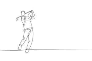 unico disegno a linea continua di un giovane giocatore di golf felice oscillare la mazza da golf per colpire la pallina. concetto di sport hobby. illustrazione vettoriale alla moda di una linea di disegno per i media di promozione di tornei di golf