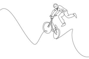 disegno a linea continua singola di un giovane ciclista bmx che salta in aria nello skatepark. concetto di stile libero bmx. illustrazione vettoriale di un disegno di linea per i media di promozione freestyle