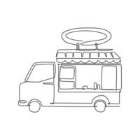 un disegno a linea singola dell'illustrazione grafica vettoriale del logo del camion di cibo alla moda. menu mobile fast food cafe e concetto distintivo ristorante. logotipo di cibo di strada di design moderno a linea continua