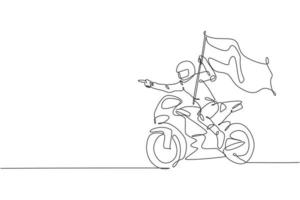 un unico disegno a linea continua del giovane pilota di superbike sventola una bandiera per celebrare la vittoria. concetto di torneo di gara. illustrazione vettoriale alla moda di una linea di disegno per i media di promozione delle corse motociclistiche