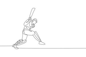 un disegno a linea singola giovane energico giocatore di cricket ha colpito la palla per fare l'illustrazione grafica vettoriale di home run. concetto di sport. moderno disegno a linea continua per banner da competizione di cricket
