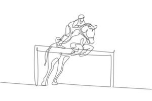 un disegno a linea singola di un giovane cavaliere che esegue dressage saltando il grafico di illustrazione vettoriale del test di barriera. concetto di competizione di spettacolo di sport equestri. moderno disegno a linea continua