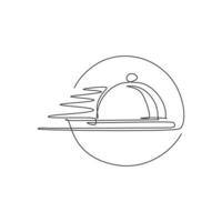 disegno a linea continua singola della cloche del vassoio di copertura volante per l'etichetta del logo del servizio di consegna di cibo. concetto di consegna del cibo al ristorante. illustrazione grafica vettoriale moderna di disegno di una linea