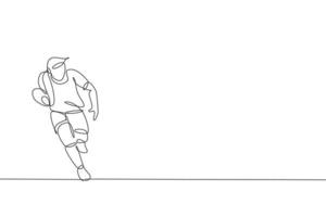 disegno a linea continua singola di un giovane agile giocatore di rugby che corre per evitare il rivale. concetto di sport competitivo. illustrazione vettoriale alla moda di una linea di disegno per i media di promozione del torneo di rugby