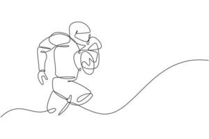 un disegno a linea continua del giovane giocatore di football americano muscoloso che corre e tiene la palla per il poster della competizione. concetto di lavoro di squadra sportivo. illustrazione vettoriale dinamica del disegno a linea singola