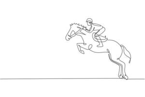 un disegno a linea singola di un giovane cavaliere che esegue l'illustrazione grafica vettoriale del test di salto di dressage. concetto di competizione di spettacolo di sport equestri. moderno disegno a linea continua