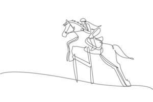 disegno a linea continua singola di un giovane cavaliere professionista che salta con un cavallo sopra l'ostacolo. concetto di processo di allenamento per sport equestri. illustrazione vettoriale di disegno di una linea alla moda