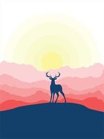 cervo in piedi su una pietra al tramonto. illustrazione della siluetta vettore
