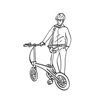 linea arte uomo d'affari pendolare con bicicletta illustrazione vettore disegnato a mano isolato su sfondo bianco