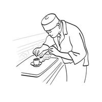 chef maschio a mezza lunghezza che usa il cucchiaio durante la cottura del cibo sul tavolo illustrazione vettoriale disegnato a mano isolato su sfondo bianco linea art.