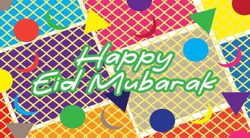 eid al fitr mubarak, con cerchi e sfondo colorato di luna. stile scarabocchio. poster orizzontale, biglietto di auguri, intestazione per il sito web vettore