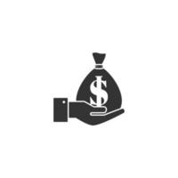 icona della borsa dei soldi della tenuta della mano di vettore con lo stile della siluetta