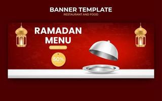 menu culinario o alimentare. promozione del banner degli annunci del menu del ramadan. vettore