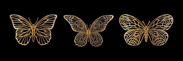 farfalle d'oro stilizzate su un vettore di sfondo nero