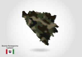 mappa dei cantoni della bosnia erzegovina con motivo mimetico, trama verde foresta nella mappa. concetto militare per l'esercito vettore