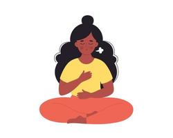 donna di colore che fa esercizio di respirazione. donna che medita nella posa del loto. vettore