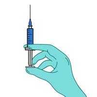 illustrazione vettoriale della mano di un medico, un'infermiera che tiene una siringa con un vaccino. infilare un guanto blu con una siringa. l'immagine isolata su uno sfondo bianco. processo di vaccinazione, stile piatto