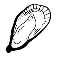 illustrazione vettoriale di un'ostrica aperta. immagine isolata di una vongola su uno sfondo bianco. contorno nero, scarabocchio