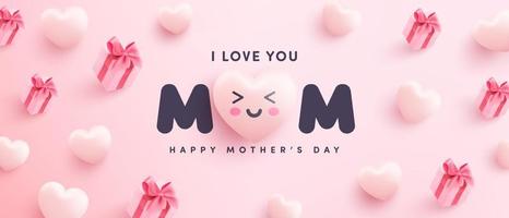 poster o banner per la festa della mamma con cuori dolci e confezione regalo su sfondo rosa. modello di promozione e shopping o sfondo per amore e concetto di festa della mamma. illustrazione vettoriale eps 10