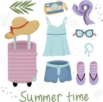 set di abbigliamento estivo. accessori da spiaggia. oggetti vettoriali e cose per le vacanze e i viaggi, progettando abiti e set alla moda
