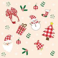 simpatici elementi natalizi collezione di cartoni animati fiocco di natale, pupazzo di neve, babbo natale, confezione regalo, albero di natale, campana, calzino, foglie sacre con motivo a scacchi bianco e rosso. illustrazione vettoriale. vettore