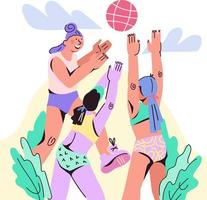 personaggi dei cartoni animati dei giocatori della squadra di beach volley femminile. competizione sportiva estiva all'aria aperta e attività. ragazze che giocano con la palla sulla sabbia. illustrazione vettoriale piatta isolata.