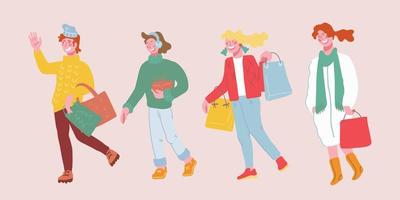 gruppo di persone durante lo shopping di vacanze invernali di natale. uomini e donne con regali della spesa, borse e scatole regalo che si preparano per le vacanze di Natale e Capodanno. illustrazioni vettoriali a cartoni animati piatti isolate.