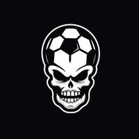 logo dell'illustrazione del cranio del calcio, pallone da calcio con teschio e iscrizione vettore